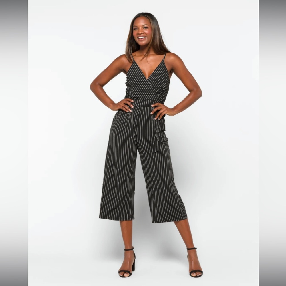 Black striped knit crop jumpsuit